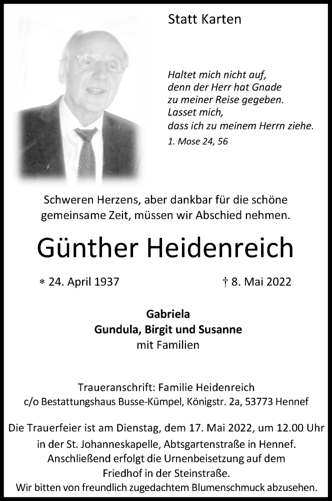  Traueranzeige für Günther Heidenreich vom 12.05.2022 aus Kölner Stadt-Anzeiger / Kölnische Rundschau / Express