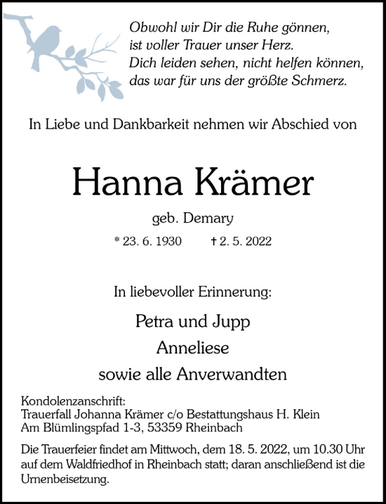 Anzeige von Hanna Krämer von  Schaufenster/Blickpunkt 