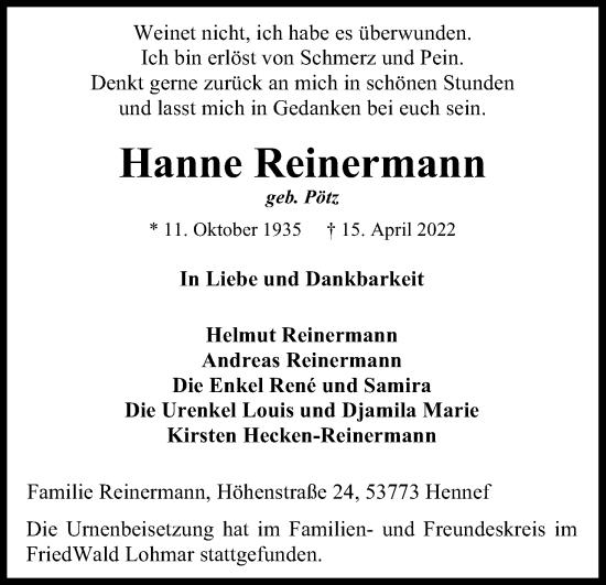 Anzeige von Hanne Reinermann von Kölner Stadt-Anzeiger / Kölnische Rundschau / Express