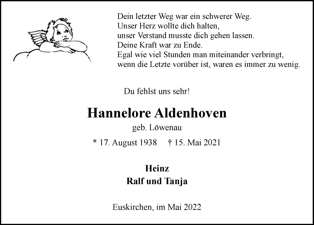  Traueranzeige für Hannelore Aldenhoven vom 28.05.2022 aus  Blickpunkt Euskirchen 