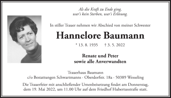 Anzeige von Hannelore Baumann von  Schlossbote/Werbekurier 