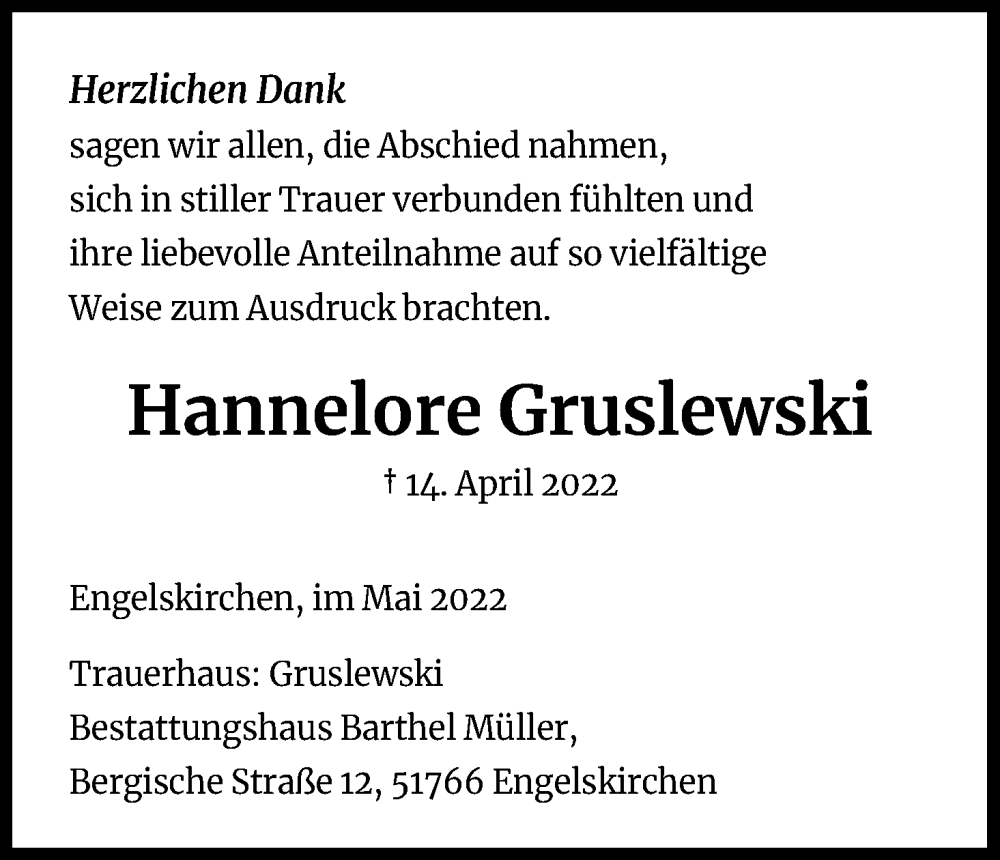  Traueranzeige für Hannelore Gruslewski vom 26.05.2022 aus Kölner Stadt-Anzeiger / Kölnische Rundschau / Express