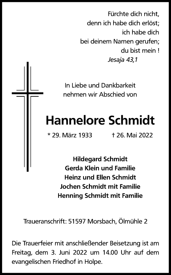 Anzeige von Hannelore Schmidt von Kölner Stadt-Anzeiger / Kölnische Rundschau / Express