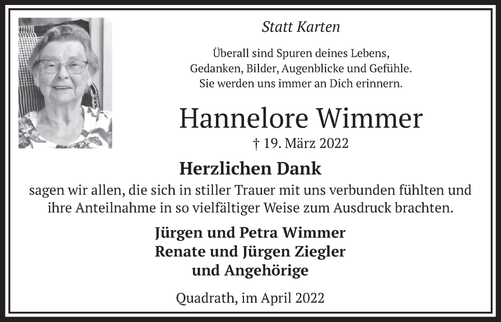  Traueranzeige für Hannelore Wimmer vom 06.05.2022 aus  Werbepost 