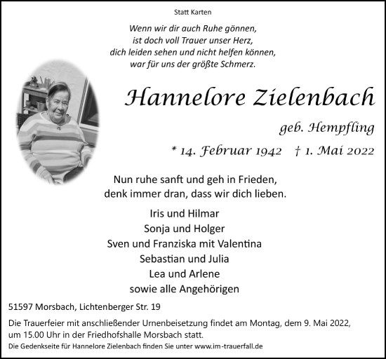 Anzeige von Hannelore Zielenbach von  Lokalanzeiger 