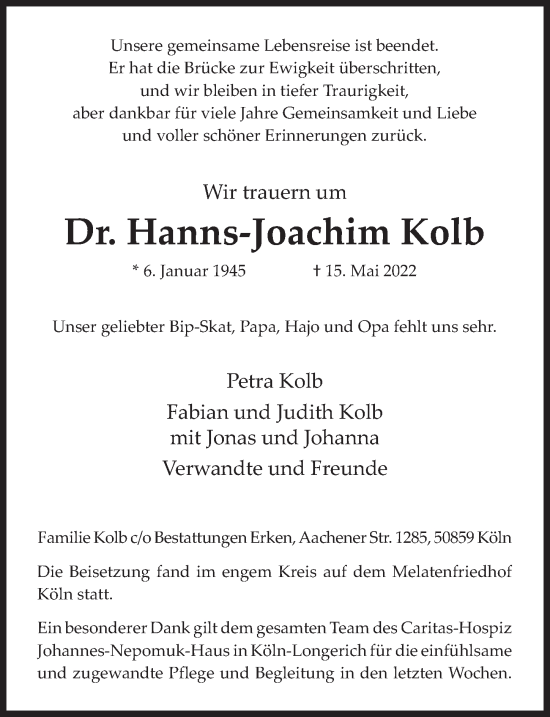 Anzeige von Hanns-Joachim Kolb von  Wochenende 