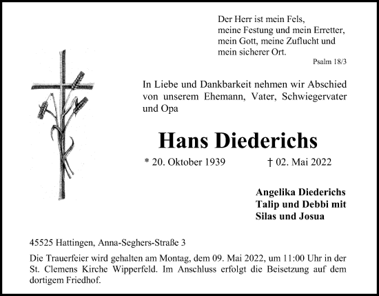 Anzeige von Hans Diederichs von Kölner Stadt-Anzeiger / Kölnische Rundschau / Express