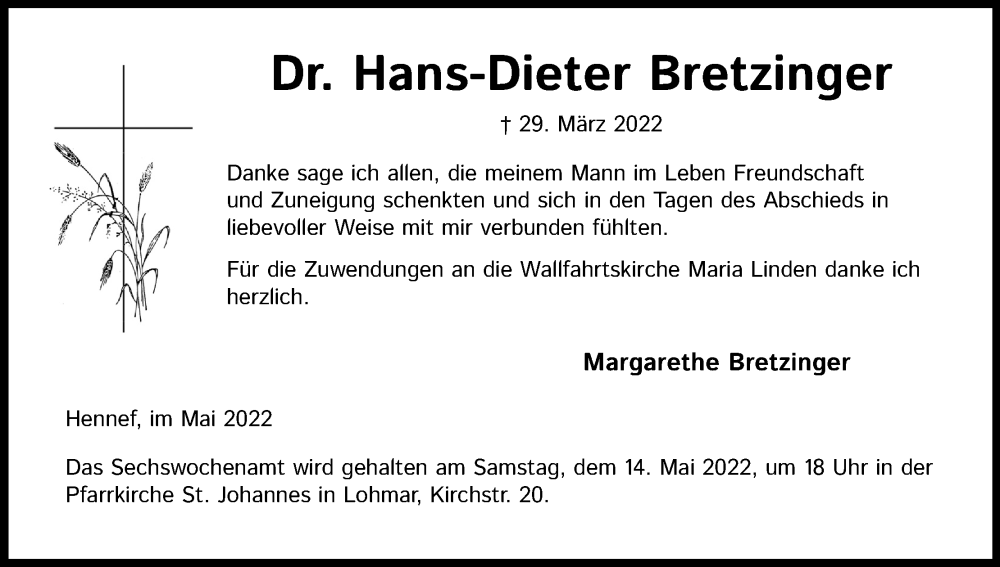  Traueranzeige für Hans-Dieter Bretzinger vom 07.05.2022 aus Kölner Stadt-Anzeiger / Kölnische Rundschau / Express