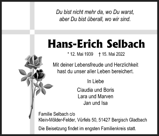 Anzeige von Hans-Erich Selbach von Kölner Stadt-Anzeiger / Kölnische Rundschau / Express