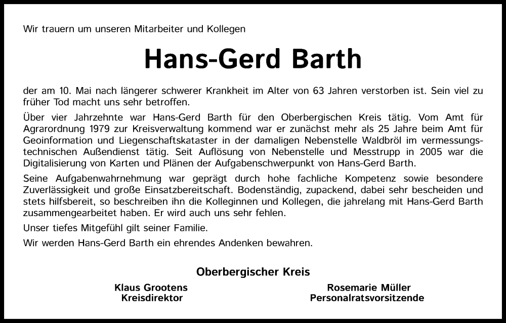  Traueranzeige für Hans-Gerd Barth vom 21.05.2022 aus Kölner Stadt-Anzeiger / Kölnische Rundschau / Express
