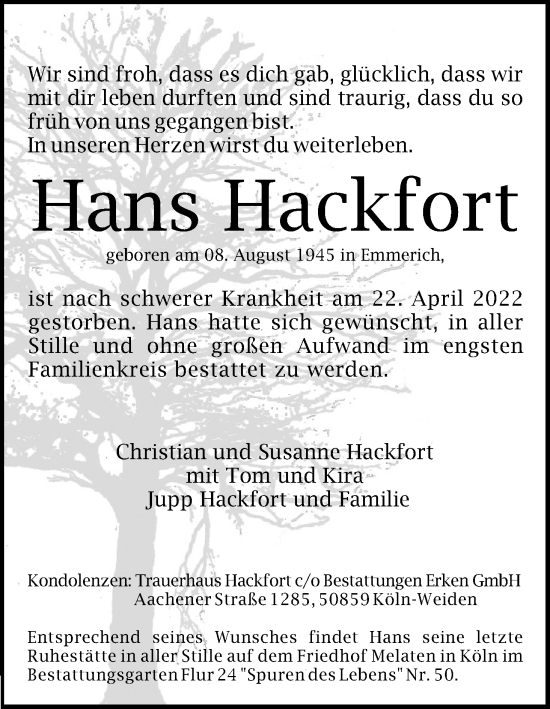 Anzeige von Hans Hackfort von Kölner Stadt-Anzeiger / Kölnische Rundschau / Express
