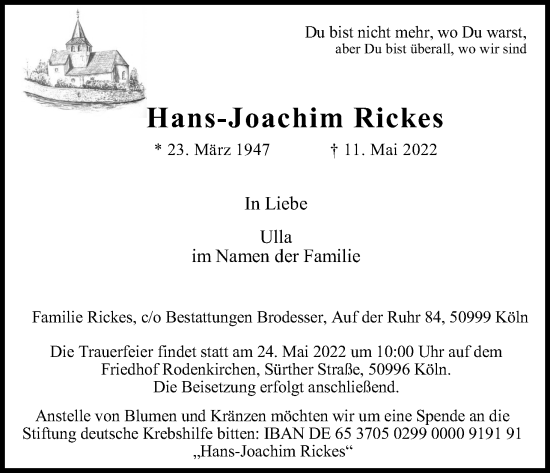 Anzeige von Hans-Joachim Rickes von Kölner Stadt-Anzeiger / Kölnische Rundschau / Express