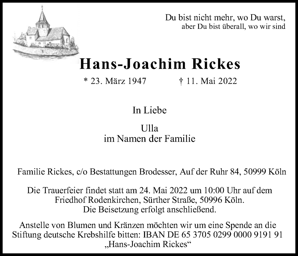  Traueranzeige für Hans-Joachim Rickes vom 21.05.2022 aus Kölner Stadt-Anzeiger / Kölnische Rundschau / Express