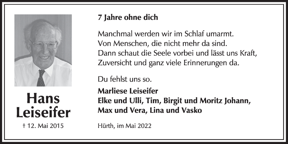  Traueranzeige für Hans Leiseifer vom 18.07.2023 aus  Wochenende 