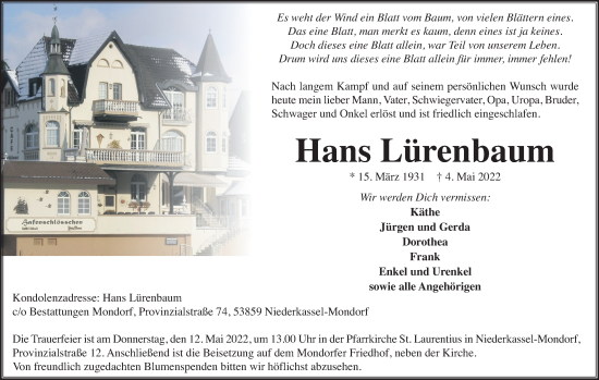 Anzeige von Hans Lürenbaum von Kölner Stadt-Anzeiger / Kölnische Rundschau / Express