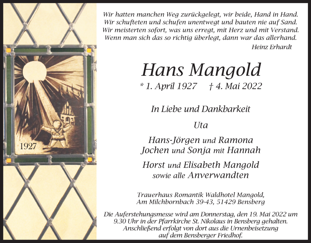 Traueranzeige für Hans Mangold vom 14.05.2022 aus Kölner Stadt-Anzeiger / Kölnische Rundschau / Express
