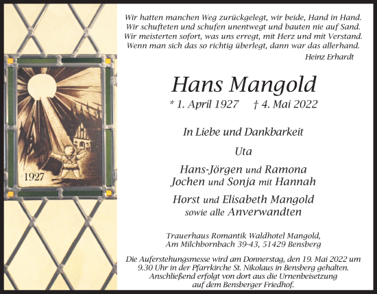 Anzeige von Hans Mangold von Kölner Stadt-Anzeiger / Kölnische Rundschau / Express