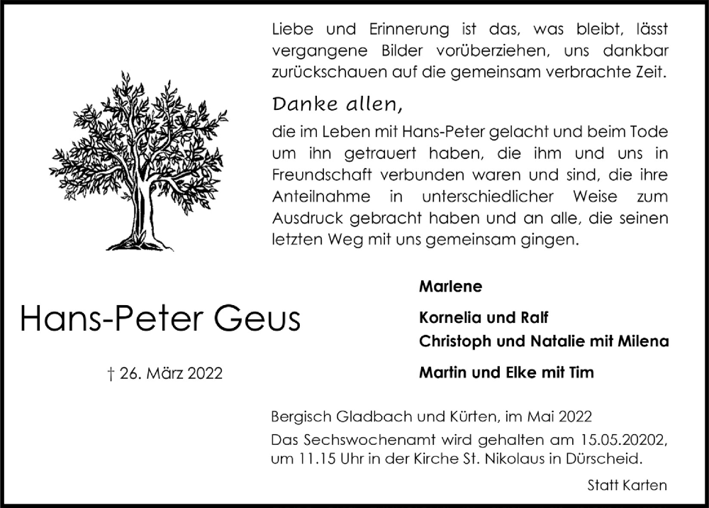  Traueranzeige für Hans-Peter Geus vom 06.05.2022 aus  Bergisches Handelsblatt 
