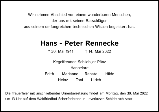 Anzeige von Hans-Peter Rennecke von Kölner Stadt-Anzeiger / Kölnische Rundschau / Express