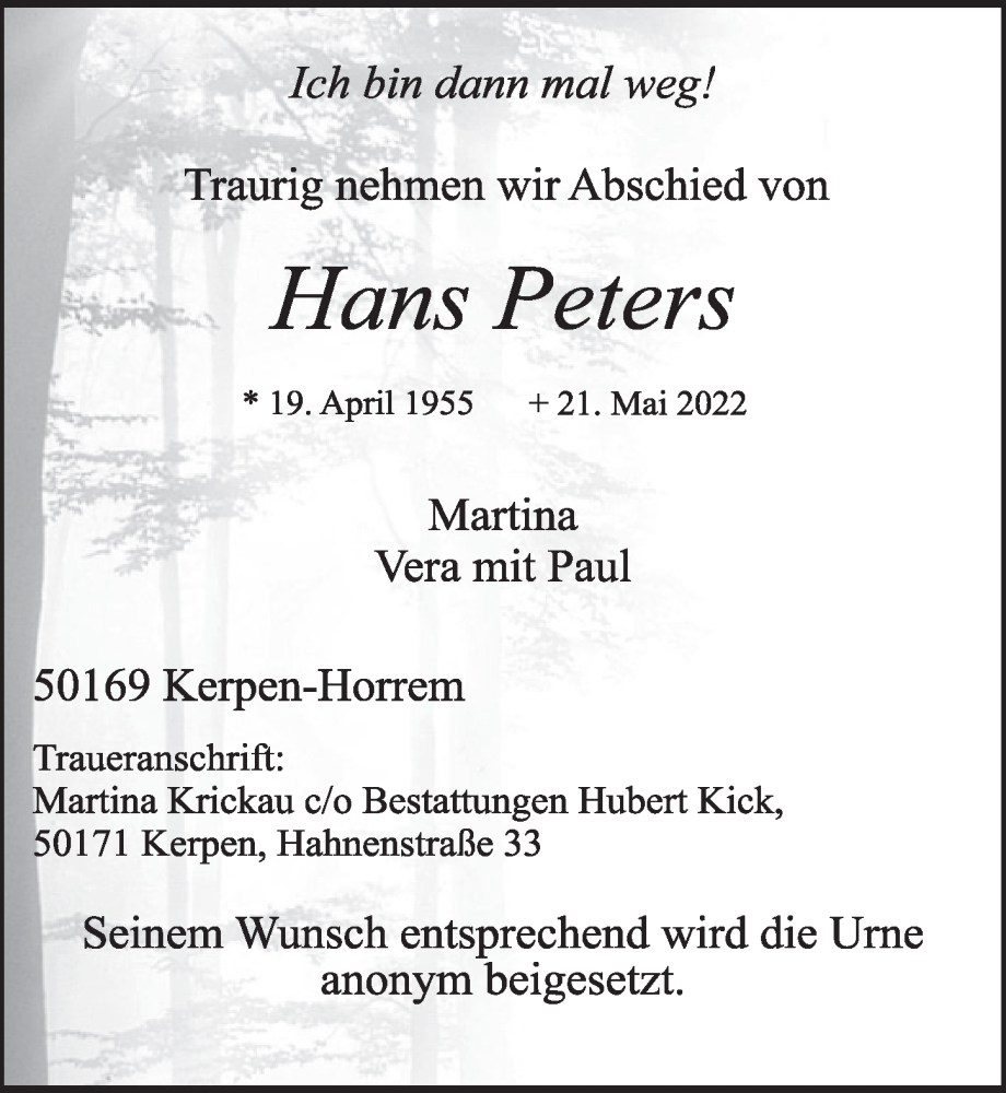  Traueranzeige für Hans Peters vom 27.05.2022 aus  Werbepost 