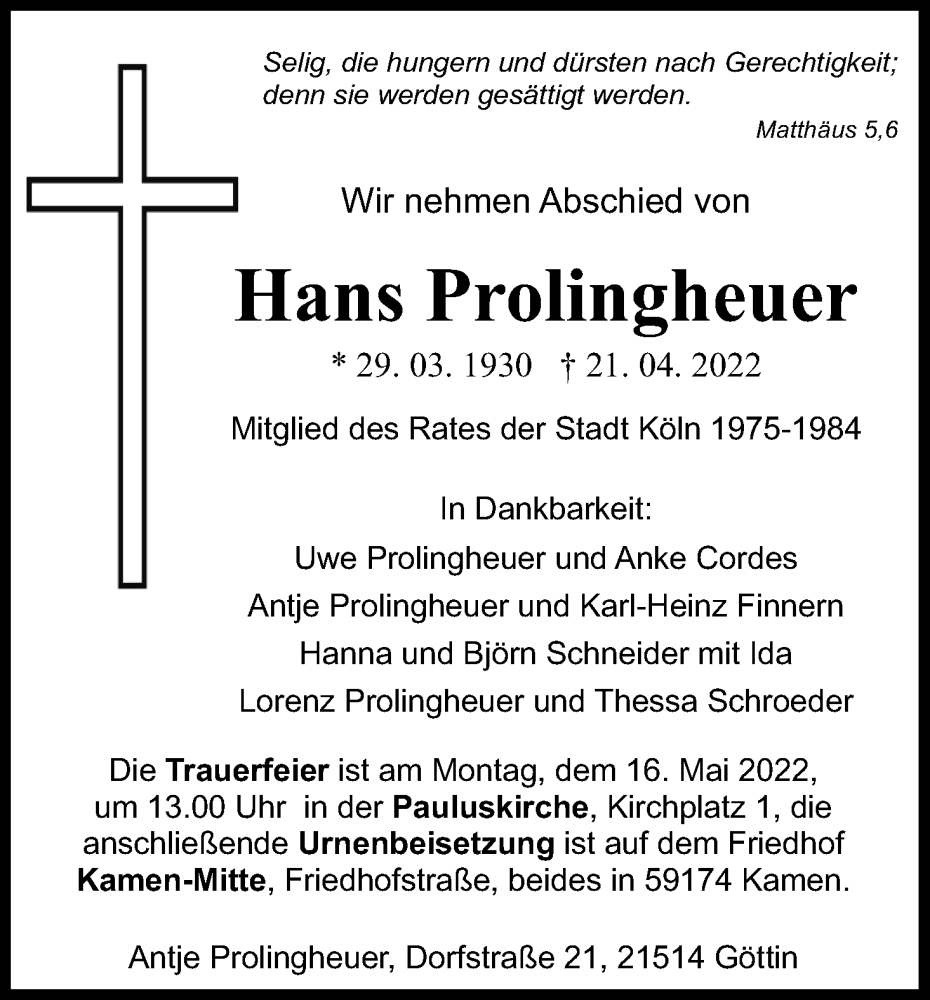  Traueranzeige für Hans Prolingheuer vom 11.05.2022 aus Kölner Stadt-Anzeiger / Kölnische Rundschau / Express