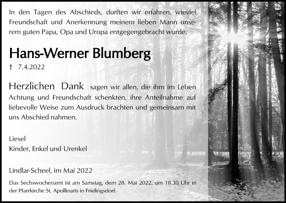  Traueranzeige für Hans-Werner Blumberg vom 21.05.2022 aus Kölner Stadt-Anzeiger / Kölnische Rundschau / Express
