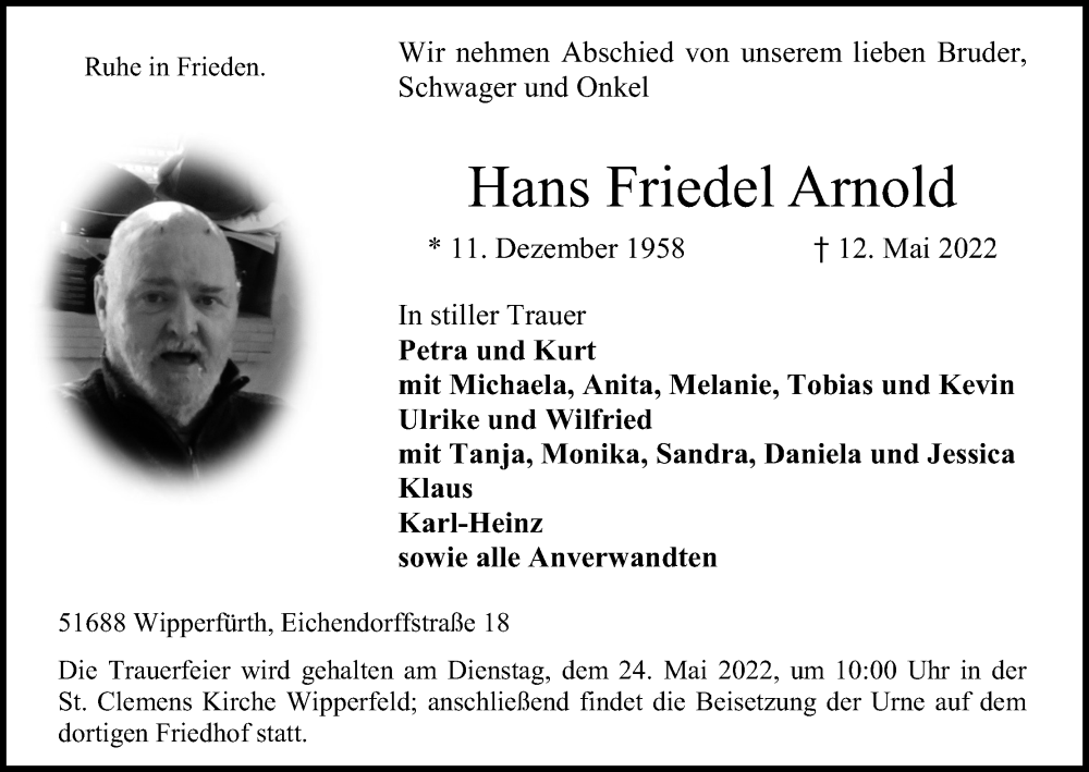  Traueranzeige für Hans Friedel Arnold vom 18.05.2022 aus Kölner Stadt-Anzeiger / Kölnische Rundschau / Express