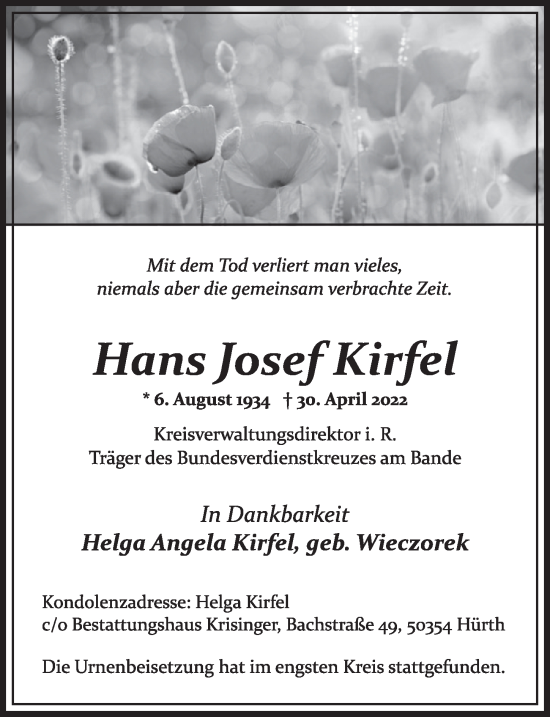 Anzeige von Hans Josef Kirfel von  Wochenende 