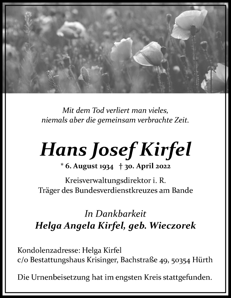  Traueranzeige für Hans Josef Kirfel vom 14.05.2022 aus Kölner Stadt-Anzeiger / Kölnische Rundschau / Express