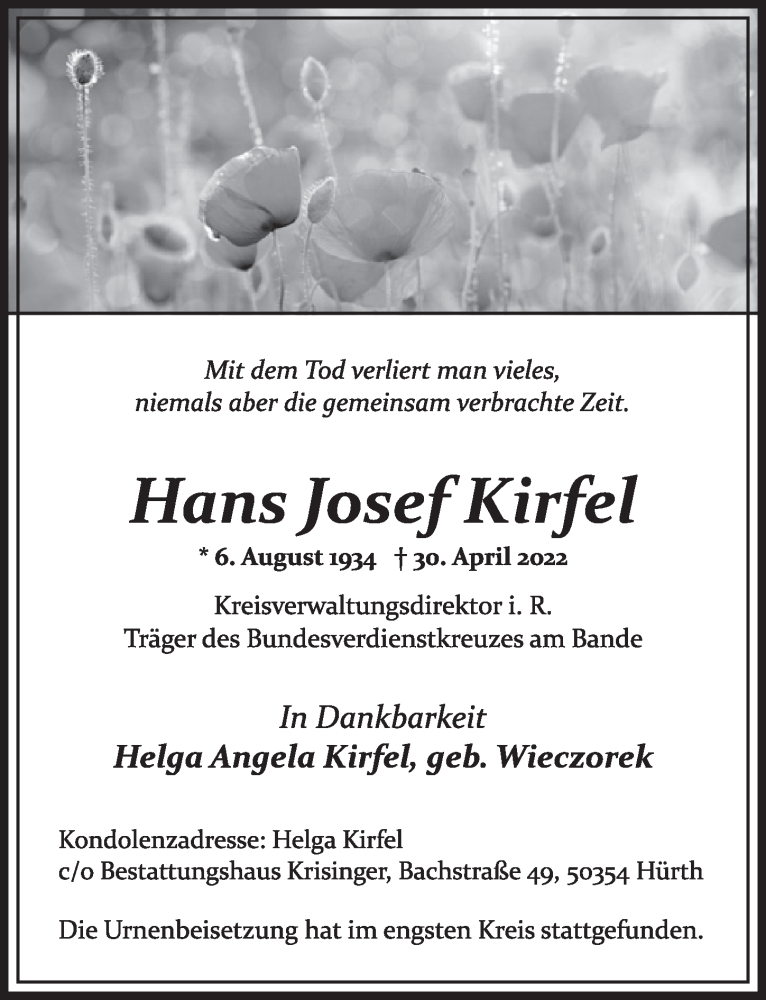  Traueranzeige für Hans Josef Kirfel vom 13.05.2022 aus  Wochenende 