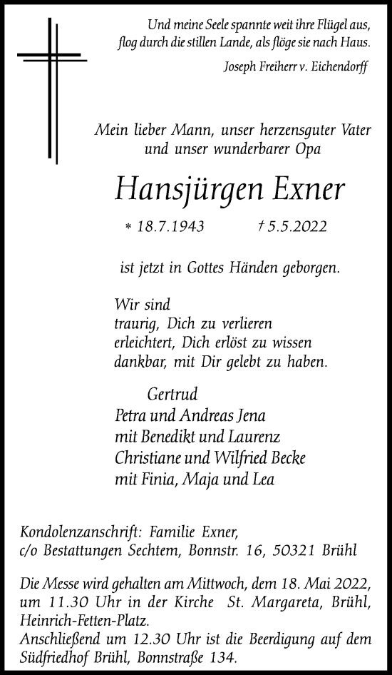 Anzeige von Hansjürgen Exner von Kölner Stadt-Anzeiger / Kölnische Rundschau / Express