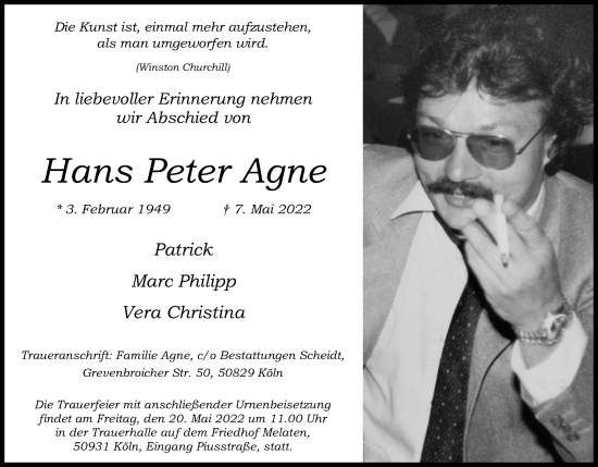 Anzeige von Hans Peter Agne von Kölner Stadt-Anzeiger / Kölnische Rundschau / Express