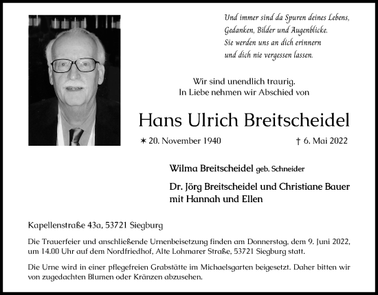 Anzeige von Hans Ulrich Breitscheidel von Kölner Stadt-Anzeiger / Kölnische Rundschau / Express