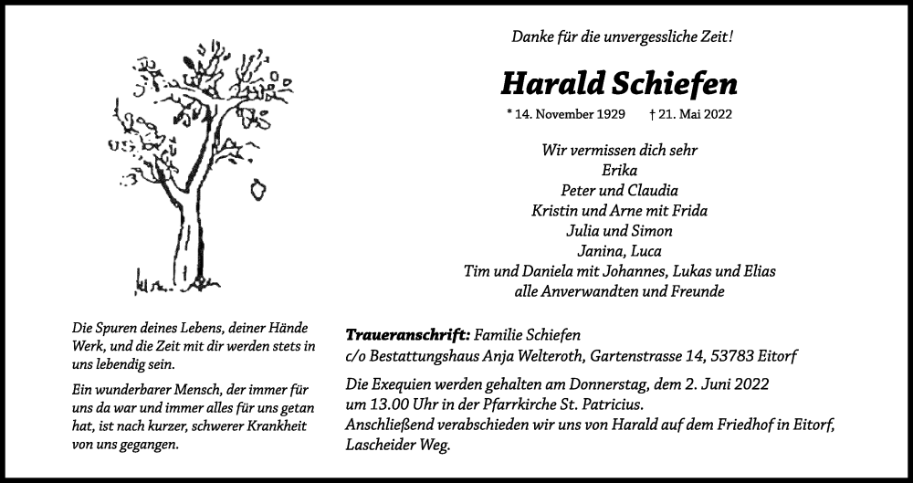  Traueranzeige für Harald Schiefen vom 28.05.2022 aus Kölner Stadt-Anzeiger / Kölnische Rundschau / Express
