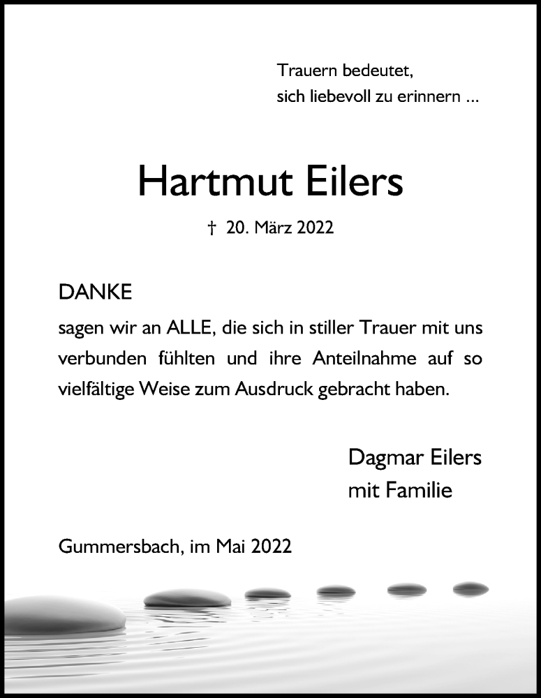  Traueranzeige für Hartmut Eilers vom 14.05.2022 aus Kölner Stadt-Anzeiger / Kölnische Rundschau / Express