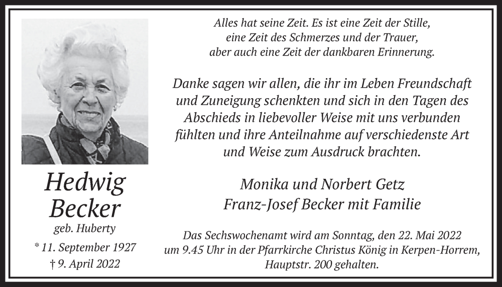  Traueranzeige für Hedwig Becker vom 13.05.2022 aus  Werbepost 