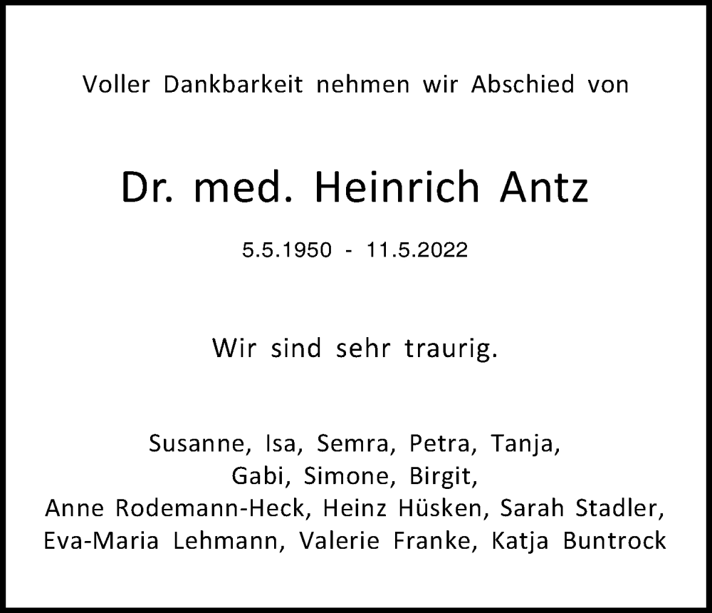  Traueranzeige für Heinrich Antz vom 21.05.2022 aus Kölner Stadt-Anzeiger / Kölnische Rundschau / Express