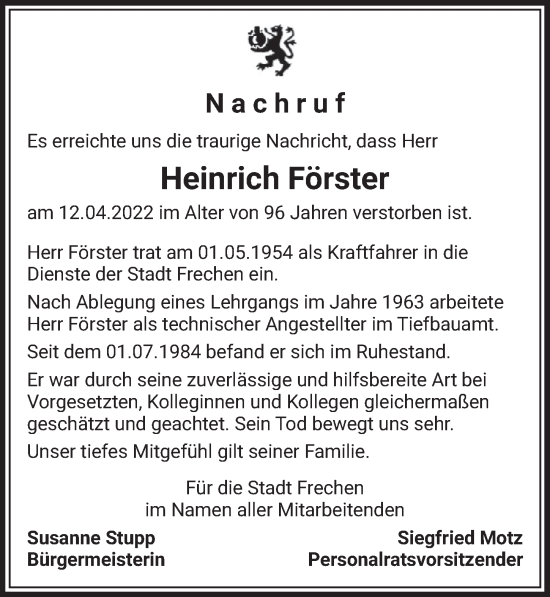 Anzeige von Heinrich Förster von  Wochenende 