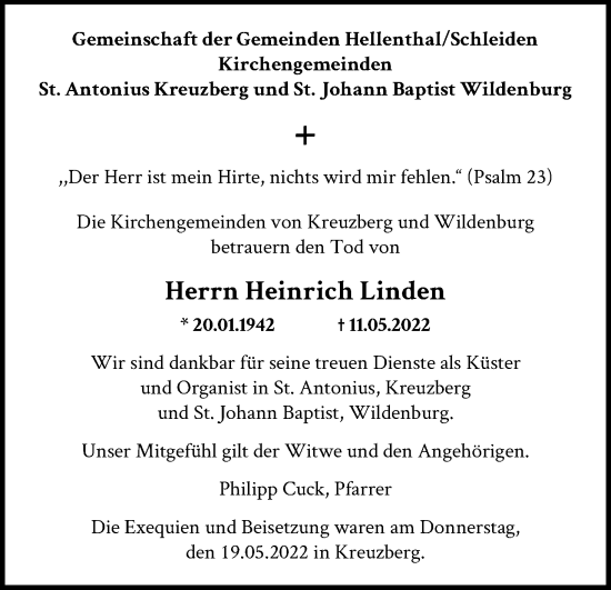 Anzeige von Heinrich Linden von Kölner Stadt-Anzeiger / Kölnische Rundschau / Express