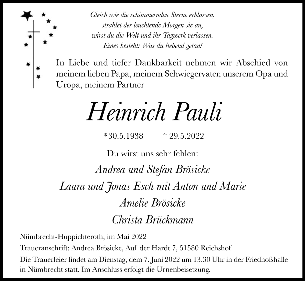  Traueranzeige für Heinrich Pauli vom 01.06.2022 aus Kölner Stadt-Anzeiger / Kölnische Rundschau / Express