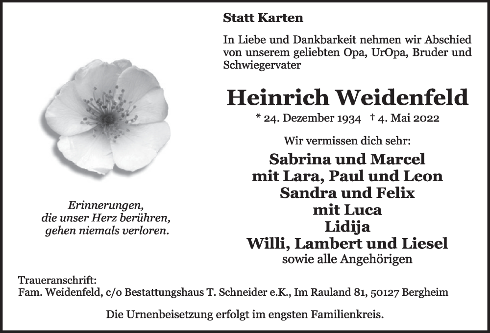  Traueranzeige für Heinrich Weidenfeld vom 13.05.2022 aus  Werbepost 