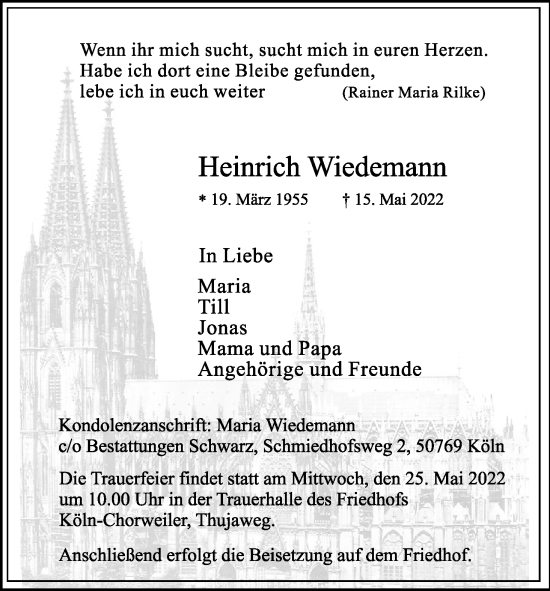 Anzeige von Heinrich Wiedemann von Kölner Stadt-Anzeiger / Kölnische Rundschau / Express