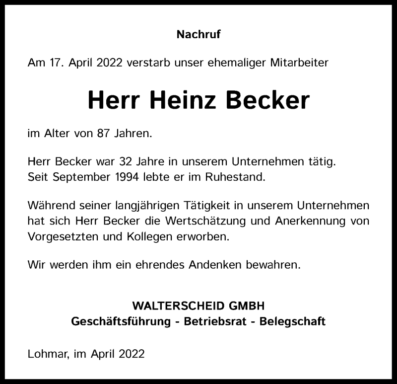  Traueranzeige für Heinz Becker vom 30.04.2022 aus Kölner Stadt-Anzeiger / Kölnische Rundschau / Express