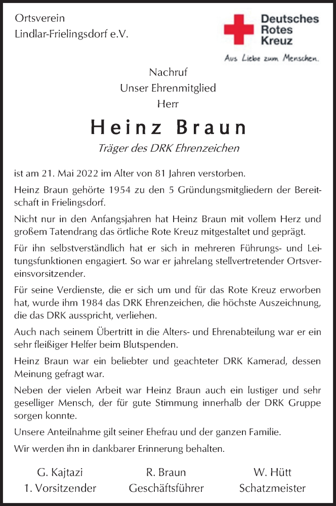  Traueranzeige für Heinz Braun vom 28.05.2022 aus Kölner Stadt-Anzeiger / Kölnische Rundschau / Express
