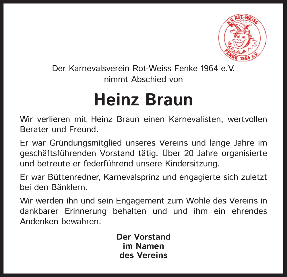  Traueranzeige für Heinz Braun vom 28.05.2022 aus Kölner Stadt-Anzeiger / Kölnische Rundschau / Express