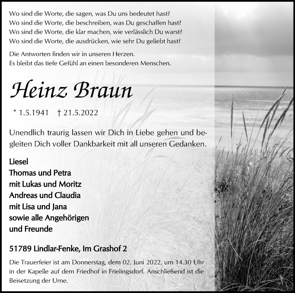  Traueranzeige für Heinz Braun vom 28.05.2022 aus Kölner Stadt-Anzeiger / Kölnische Rundschau / Express