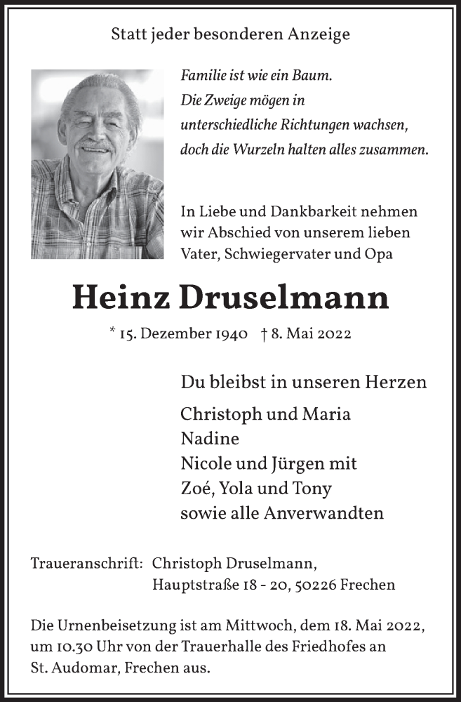  Traueranzeige für Heinz Druselmann vom 13.05.2022 aus  Wochenende 
