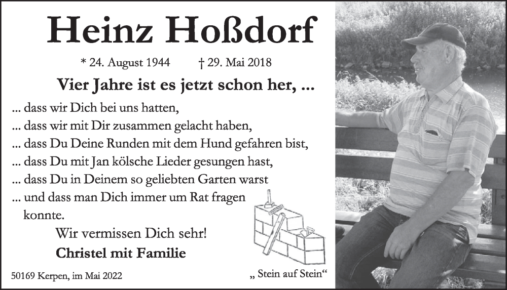  Traueranzeige für Heinz Hoßdorf vom 27.05.2022 aus  Werbepost 