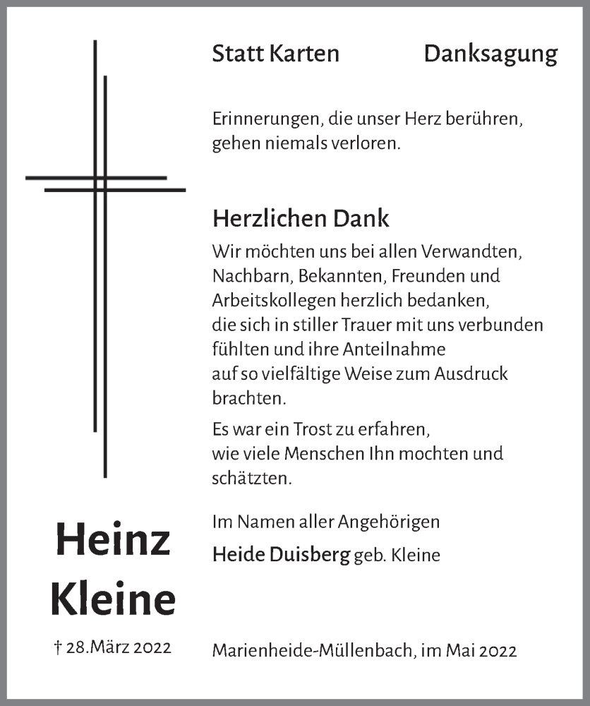  Traueranzeige für Heinz Kleine vom 27.05.2022 aus  Anzeigen Echo 
