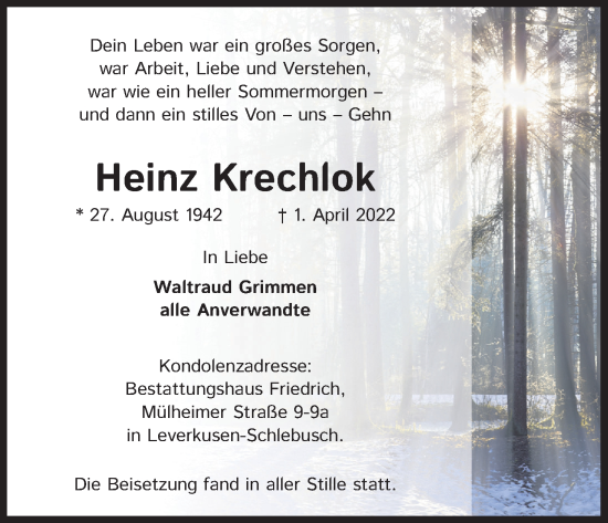Anzeige von Heinz Krechlok von Kölner Stadt-Anzeiger / Kölnische Rundschau / Express